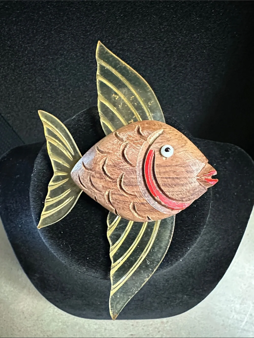 Vintage 1940s Carved Wood & Lucite Jelly Belly Flying Fish Brooch Pin WWII Era